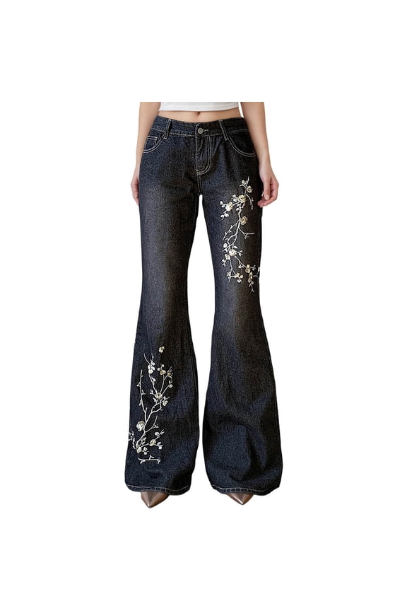 Womens Flared Jeans Floral Embroidery Jeans for Women Trendy Buttons Fashion Wide Leg Fall Winter Denim Pants With Pocket