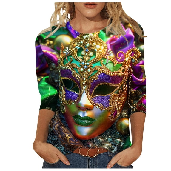 CONZONE Womens Mardi Gras T-Shirts 3/4 Sleeve T-Shirts for Women Trendy Graphic Soft Loose Fit 2026 Carnival Tops for Lady