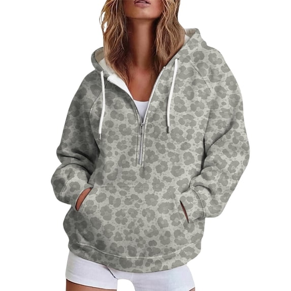 CONZONE Womens Oversized Hoodies Long Sleeve Zip Up Leopard Hooded Sweatshirts for Women Drawstring Fall Winter Pullover Tops with Pocket