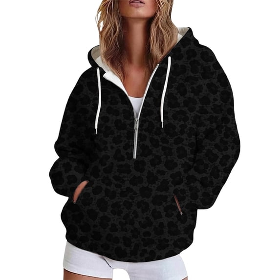CONZONE Womens Oversized Hoodies Long Sleeve Zip Up Leopard Hooded Sweatshirts for Women Drawstring Fall Winter Pullover Tops with Pocket