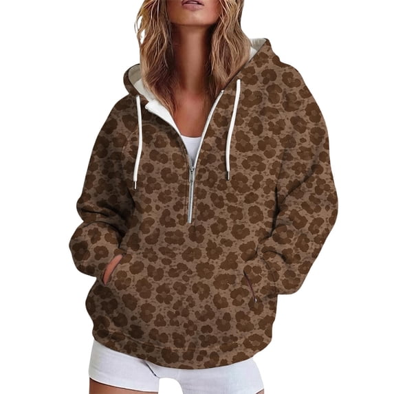 CONZONE Womens Oversized Hoodies Long Sleeve Zip Up Leopard Hooded Sweatshirts for Women Drawstring Fall Winter Pullover Tops with Pocket