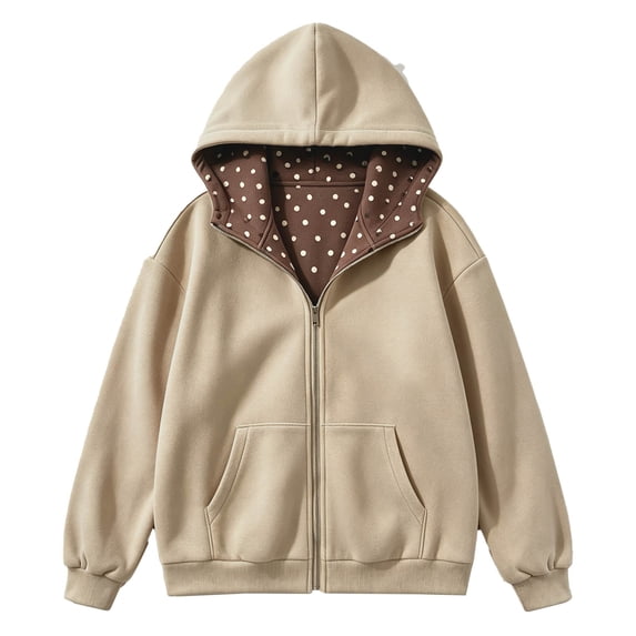 CONZONE Womens Oversized Polka Dot Hoodies Long Sleeve Zip Up Hooded Sweatshirts for Women Drawstring Fall Winter Pullover Tops with Pocket