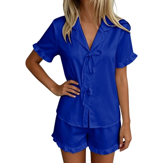 CONZONE Womens Pajamas Set Solid Color Short Sleeve Lace Up Tops and Shorts Loungewear Soft 2 Piece Pjs Set for Women