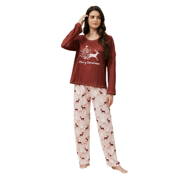 CONZONE Womens Pajamas Sets 2 Peice Pjs Set Long Sleeve Sleepwear Tops Long Pants Xmas Deer Graphic Soft Fall Winter Nightwear Loungewear for Lady