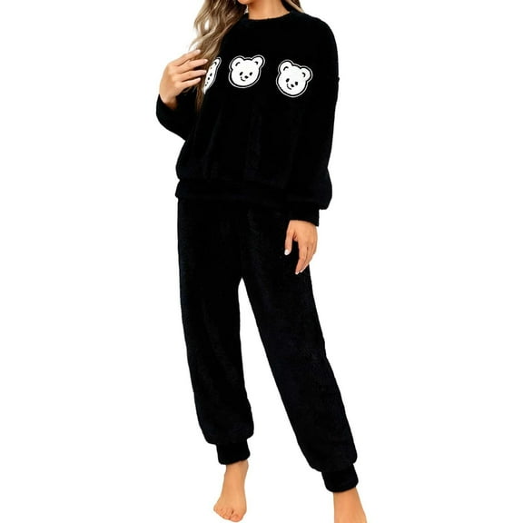 CONZONE Womens Pajamas Sets Flannel 2 Peice Pjs Set Long Sleeve Thick Sleepwear Tops Long Pants Bear Graphic Soft Fall Winter Nightwear Loungewear for Lady