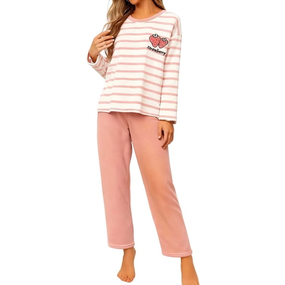 CONZONE Womens Pajamas Sets Flannel 2 Peice Pjs Set Long Sleeve Thick Sleepwear Tops Long Pants Cute Strawberry Soft Fall Winter Nightwear Loungewear for Lady