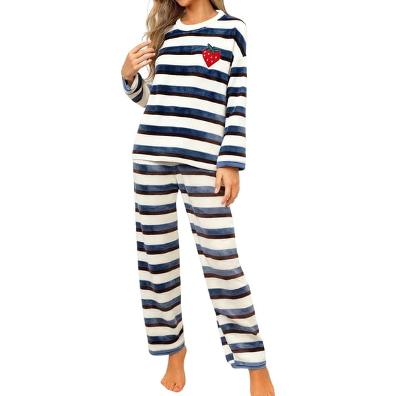 CONZONE Womens Pajamas Sets Flannel 2 Peice Pjs Set Long Sleeve Thick Sleepwear Tops Long Pants Cute Strawberry Soft Fall Winter Nightwear Loungewear for Lady