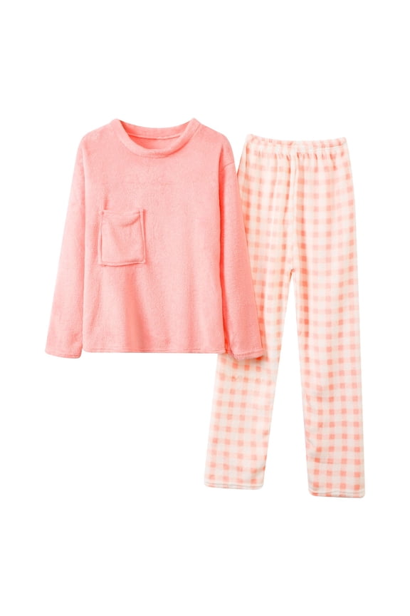 Womens Pajamas Sets Flannel 2 Peice Pjs Set Long Sleeve Thick Sleepwear Tops Long Pants Plaid Graphic Soft Fall Winter Nightwear Loungewear for Lady