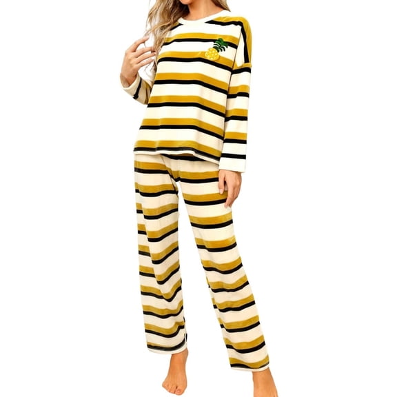 CONZONE Womens Pajamas Sets Flannel 2 Peice Pjs Set Long Sleeve Thick Sleepwear Tops Long Pants Striped Soft Fall Winter Nightwear Loungewear for Lady