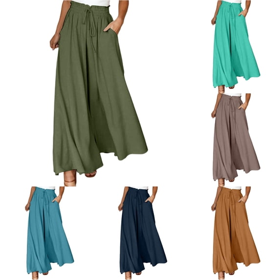 CONZONE Womens Pants Wide Leg High Elastic Waist Drawstring Casual Pants With Pockets Summer Flowy Baggy Trousers For Women