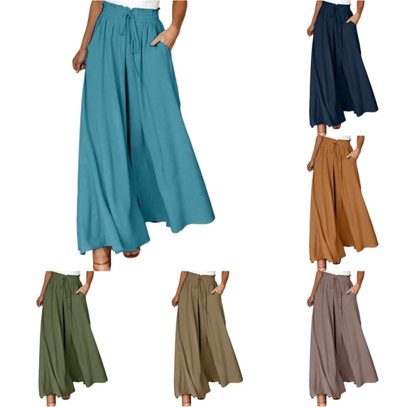 CONZONE Womens Pants Wide Leg High Elastic Waist Drawstring Casual Pants With Pockets Summer Flowy Baggy Trousers For Women