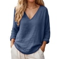 thumbnail image 1 of CONZONE Womens Summer Cotton Linen T-Shirts Long Sleeve T Shirts for Women Casual V Neck Solid Color Lightweight Tees Soft Cozy Dailywear, 1 of 6