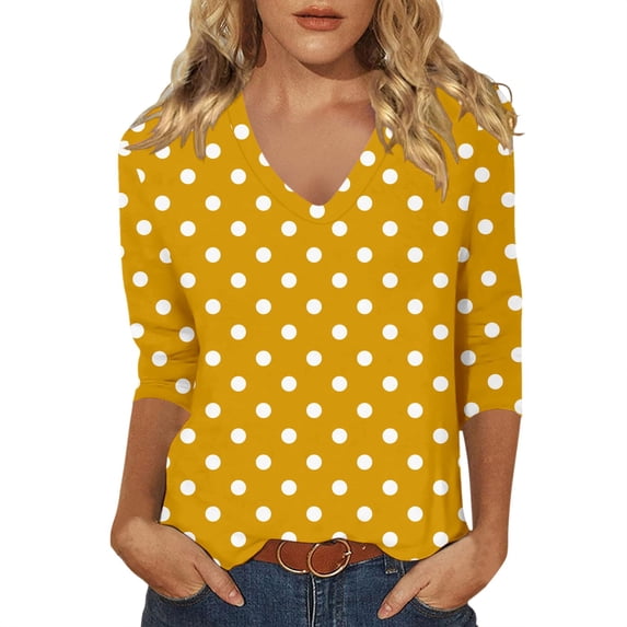 CONZONE Womens Summer T-Shirts 3/4 Sleeve T Shirts for Women Casual V Neck Dot Graphic Lightweight Tees Soft Cozy Dailywear