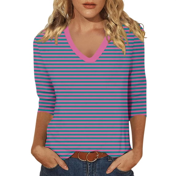 CONZONE Womens Summer T-Shirts 3/4 Sleeve T Shirts for Women Casual V Neck Striped Lightweight Tees Soft Cozy Dailywear