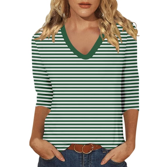 CONZONE Womens Summer T-Shirts 3/4 Sleeve T Shirts for Women Casual V Neck Striped Lightweight Tees Soft Cozy Dailywear