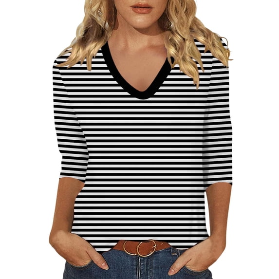 CONZONE Womens Summer T-Shirts 3/4 Sleeve T Shirts for Women Casual V Neck Striped Lightweight Tees Soft Cozy Dailywear