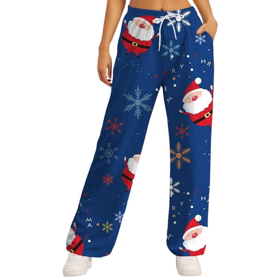 CONZONE Womens Sweatpants Xmas Santa Claus Graphic Baggy Sports Pants for Women Elastic Waist Drawstring Wide Leg Fall Winter Workout Athletic Trousers