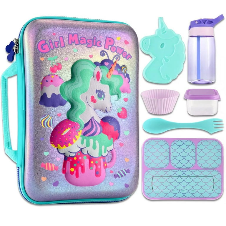 COO&KOO Unicorn Lunch Box Lunch Bag Set - Insulated Lunch Bag with 4  Compartment Bento Box Ice Pack Water Bottle Silicon Cap Spoon Salad  Container for