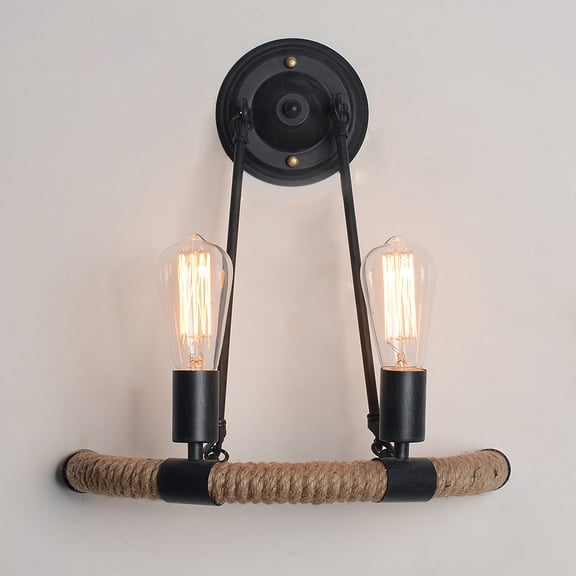 COOBATG Industrial Hemp Rope Wall Sconce, 15.7"x17" Black Metal Dual E27 Vintage Wall Lamp for Bar Hallway Bedroom Decor