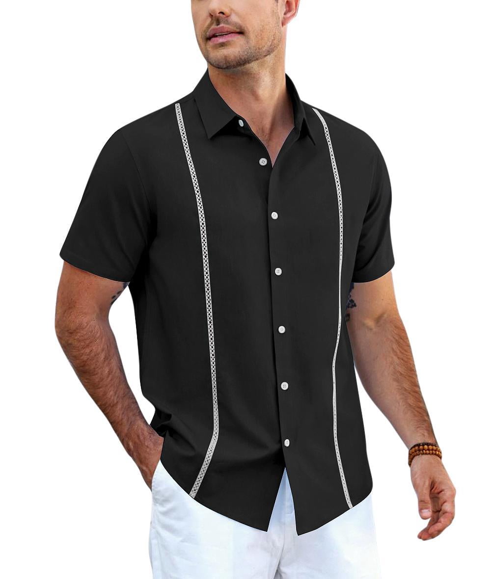 COOFANDY Men's Relaxed Fit Button-Up short Shirt with Decorative Stripes - Casual and Office Wear