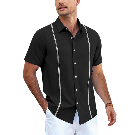 COOFANDY Men's Relaxed Fit Button-Up short Shirt with Decorative Stripes - Casual and Office Wear