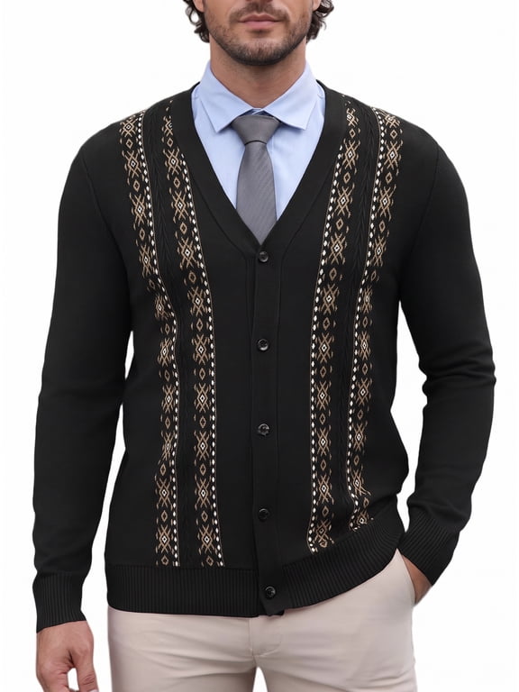 COOFADNY Mens Cardigan Sweater Vintage Striped V-Neck Long Sleeve Button Down Knitted Sweaters