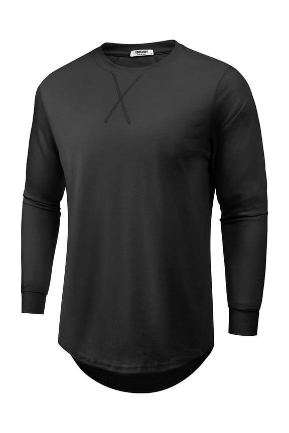 Mens Cotton Hipster Hip Hop Longline Crewneck Tee Casual Muscle Slim Fitted T Shirt Gym Workout Long Sleeve Curved Hem Tshirts