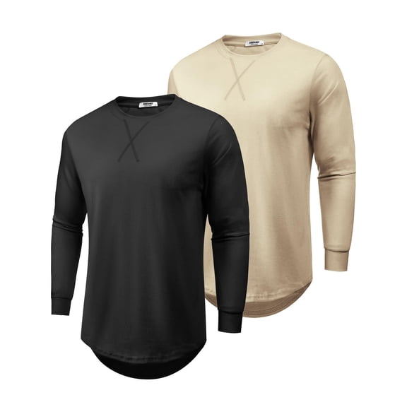 COOFANDY 2 Pack T Shirts for Men Long Sleeve Cotton Hipster Hip Hop Longline Crewneck Tee Shirts for Gym Workout Casual Fall Undershirts
