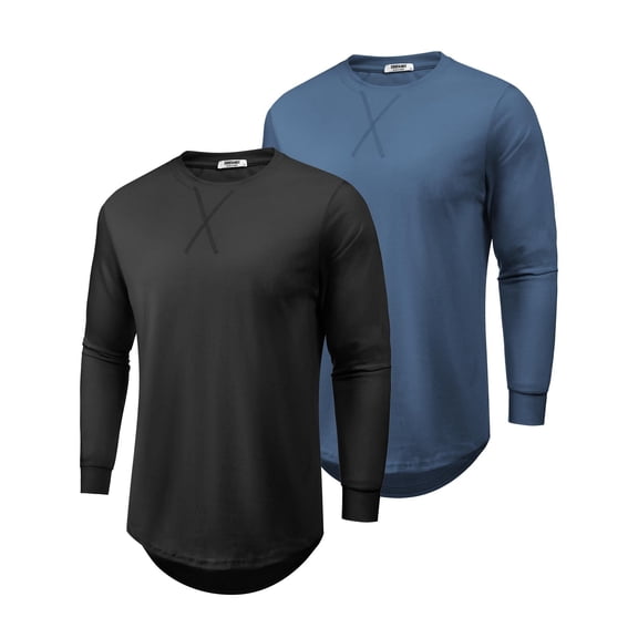 COOFANDY 2 Pack T Shirts for Men Long Sleeve Cotton Hipster Hip Hop Longline Crewneck Tee Shirts for Gym Workout Casual Fall Undershirts