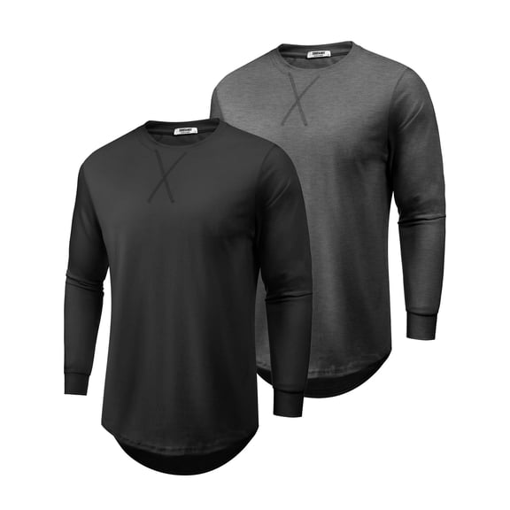 COOFANDY 2 Pack T Shirts for Men Long Sleeve Cotton Hipster Hip Hop Longline Crewneck Tee Shirts for Gym Workout Casual Fall Undershirts