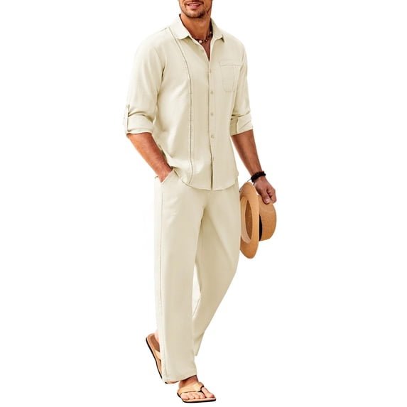 COOFANDY 2 Piece Casual Linen Set for Men Summer Outfit Button Down Shirt and Beach Pants Matching Set
