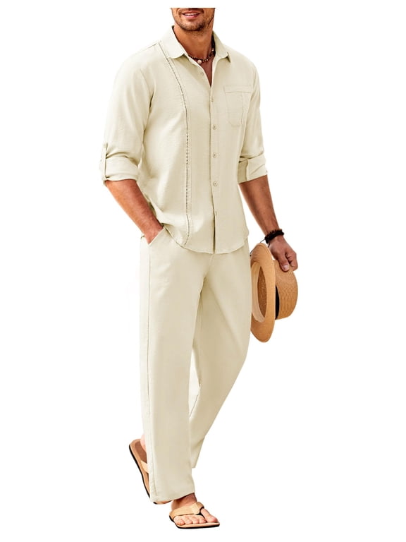 2 Piece Casual Linen Set for Men Summer Outfit Button Down Shirt and Beach Pants Matching Set