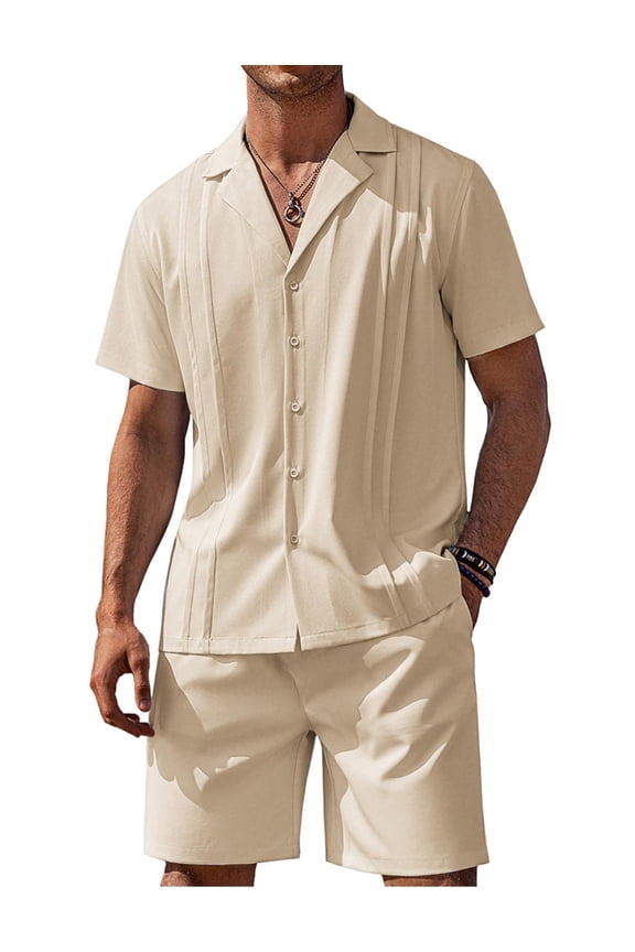 2 Piece Men Summer Sets Leisure Short Sleeve Guayabera Shirt and Shorts