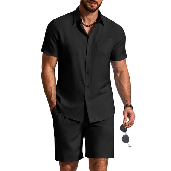COOFANDY 2 Piece Set for Men Cruise Outfits Set Mens Summer Vacation Outfit Short Sleeve Button Down Shirts