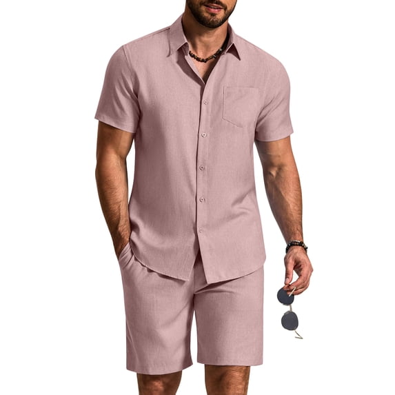 COOFANDY 2 Piece Set for Men Cruise Outfits Set Mens Summer Vacation Outfit Short Sleeve Button Down Shirts