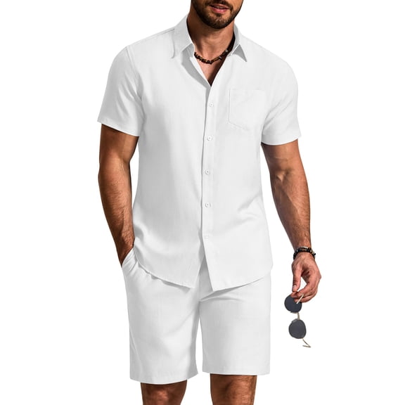 COOFANDY 2 Piece Set for Men Cruise Outfits Set Mens Summer Vacation Outfit Short Sleeve Button Down Shirts