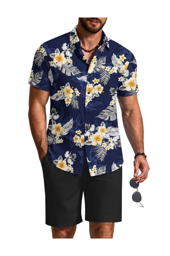2 Piece Set for Men Cruise Outfits Set Mens Summer Vacation Outfit Short Sleeve Button Down Shirts