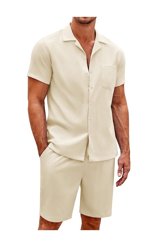 All White Outfits For Men 2 Pieces Shirts Short Sleeve Loose Yoga Pants Beach Clothing Beige S