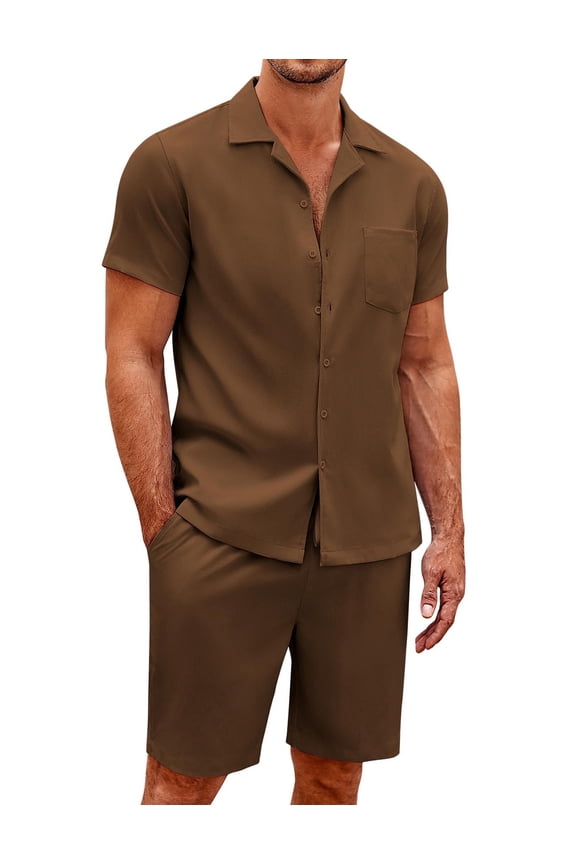 All White Outfits For Men 2 Pieces Shirts Short Sleeve Loose Yoga Pants Beach Clothing Brown S