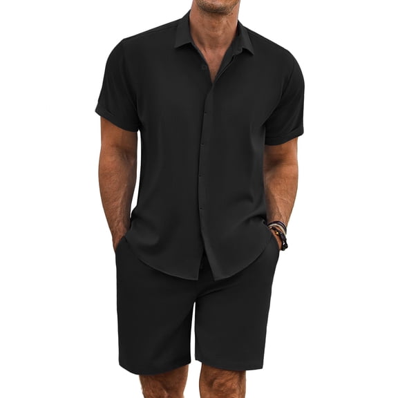 COOFANDY Men's Summer Beach Outfits 2 Piece Short Sleeve Shirts and Shorts Vacation Texture Linen Sets for Men