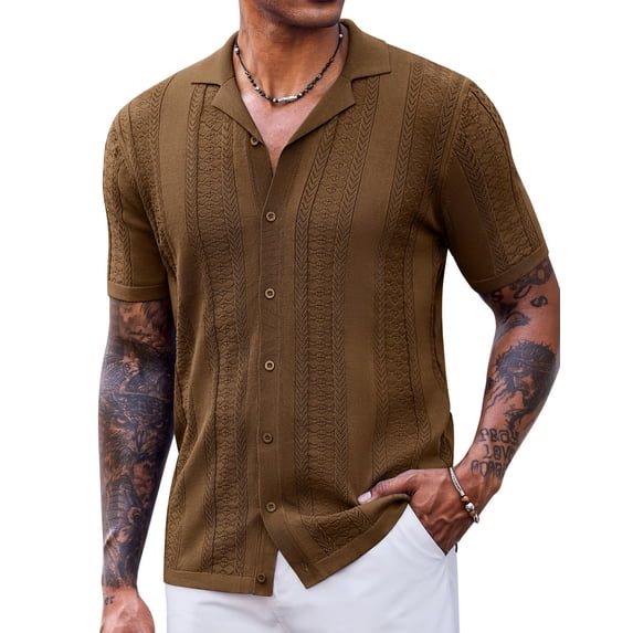 COOFANDY Beach Shirts for Men Vintage Knit Casual Button Down Shirt Short Sleeve Summer Holiday Clothes
