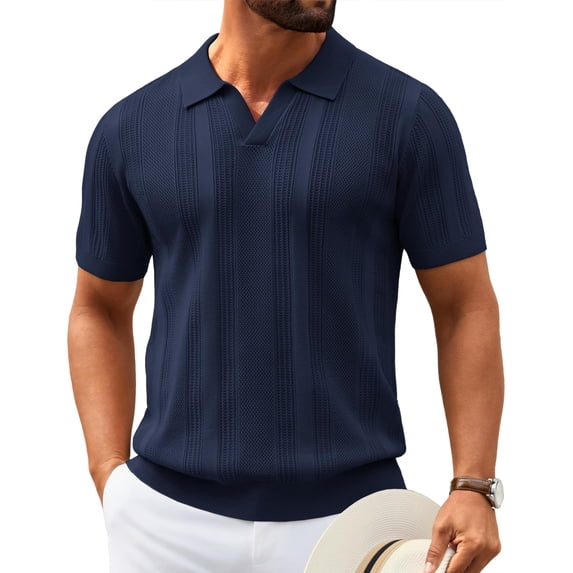 COOFANDY Black Polo Shirts for Men Textured V Neck Knit Polos Short Sleeve Casual Golf Shirts Fashion Polos