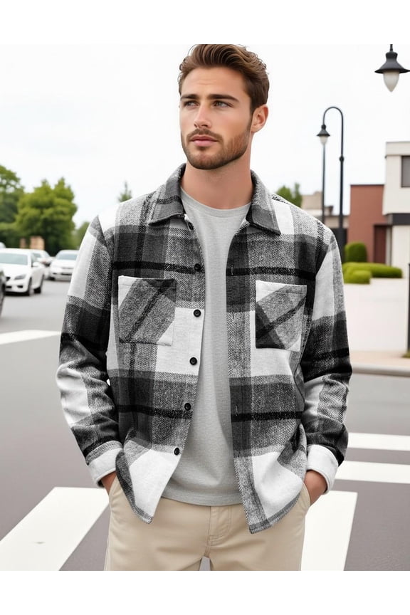 Casual Plaid Button Down Shacket for Men