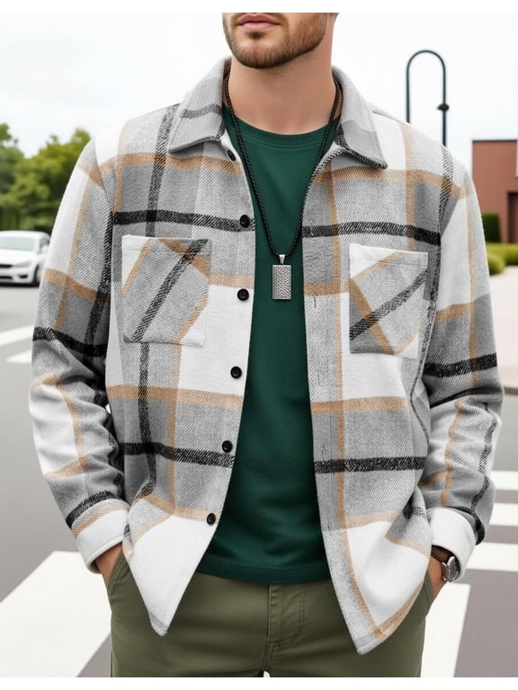 Casual Plaid Button Down Shacket for Men