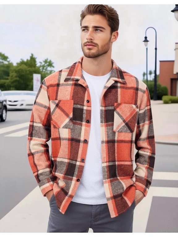 Casual Plaid Button Down Shacket for Men