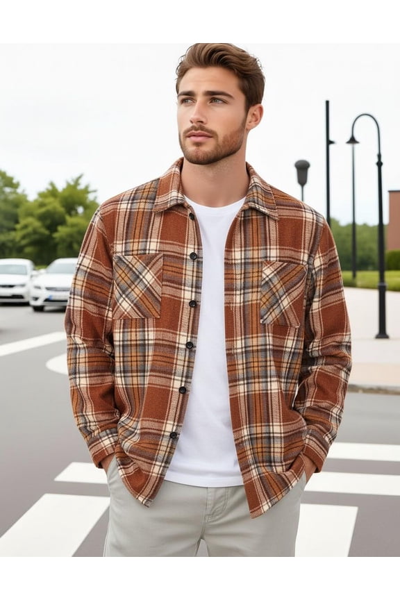 Casual Plaid Button Down Shacket for Men