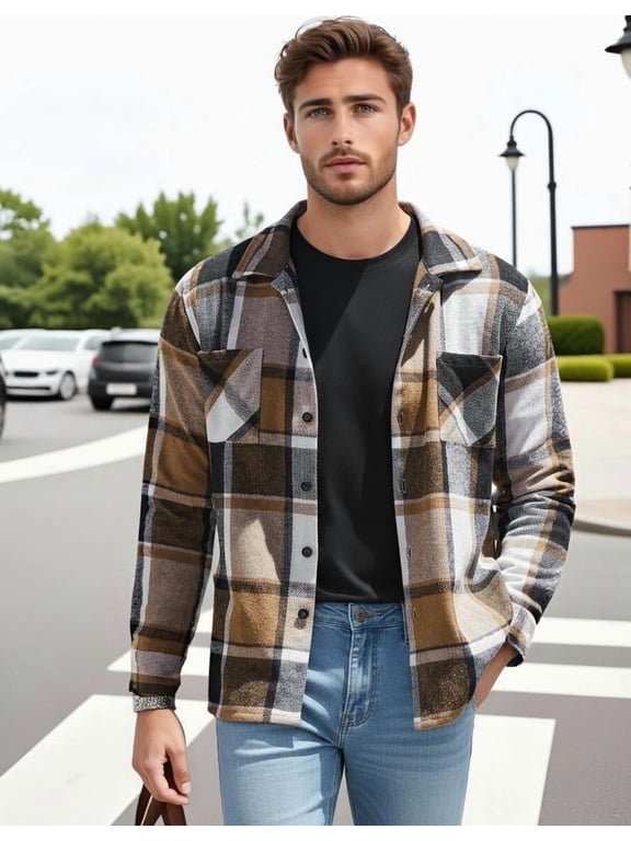 Casual Plaid Button Down Shacket for Men