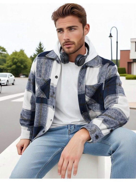 Casual Plaid Button Down Shacket for Men