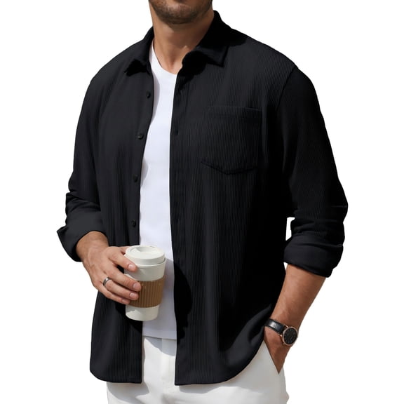 COOFANDY Corduroy Jacket Men, Button Down Shirts Jackets Western Casual Long Sleeve Shacket Jacket Lightweight Overshirts with Chest Pocket