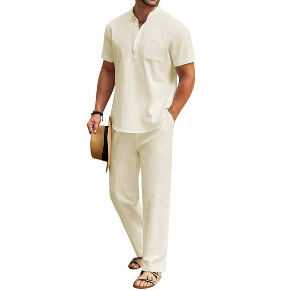 COOFANDY Men's Cotton Linen Sets 2 Piece Casual Blue Henley Shirt Short Sleeve Beach pants with Pockets Outfits